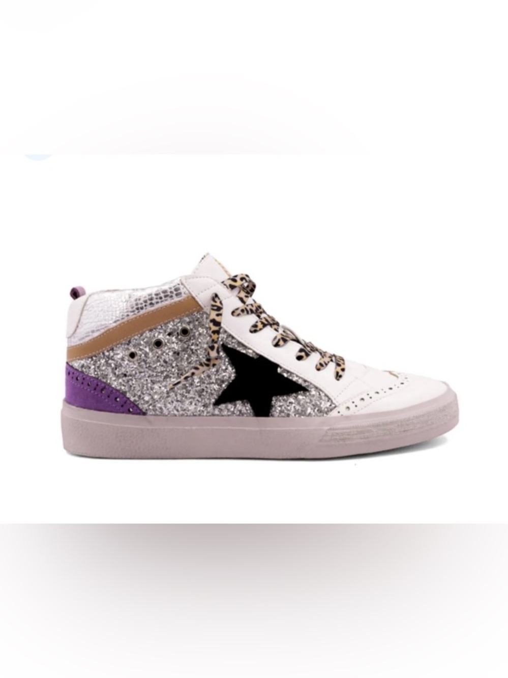 Rina White and Silver Glitter High-Top Sneakers with Black Star and Purple Heel